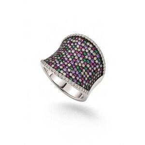 FZN 925 Sterling Silver Multi Color CZ Concave Statement Ring Size 8